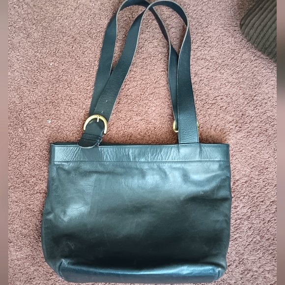 Authentic Large COACH Navy Blue black Genuine Leather top double handle shoulder - Picture 2 of 9